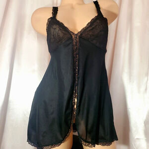 VTG AVIAN Babydoll Nightgown BLACK SATIN Sexy Open Front Boudoir Lingerie MED